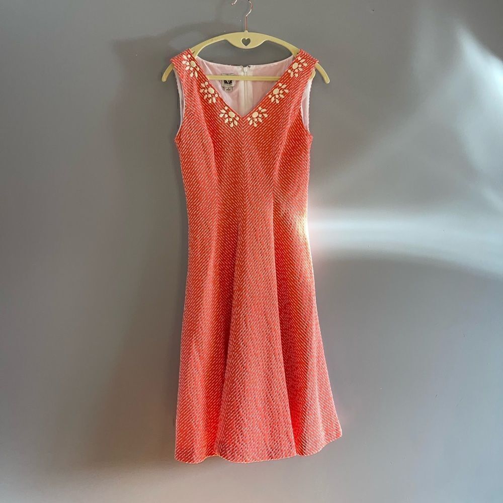 Ann Klein Textured Sleeveless Fit & Flare Embellished Dress in Coral/Orange